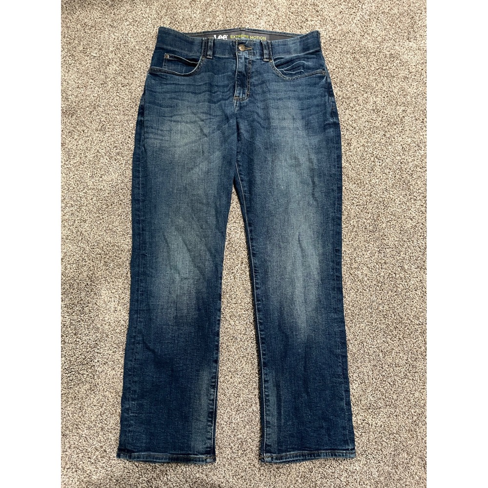 Lee Extreme Motion Straight Taper Jeans Mens 33x30 Dark Wash Blue Denim